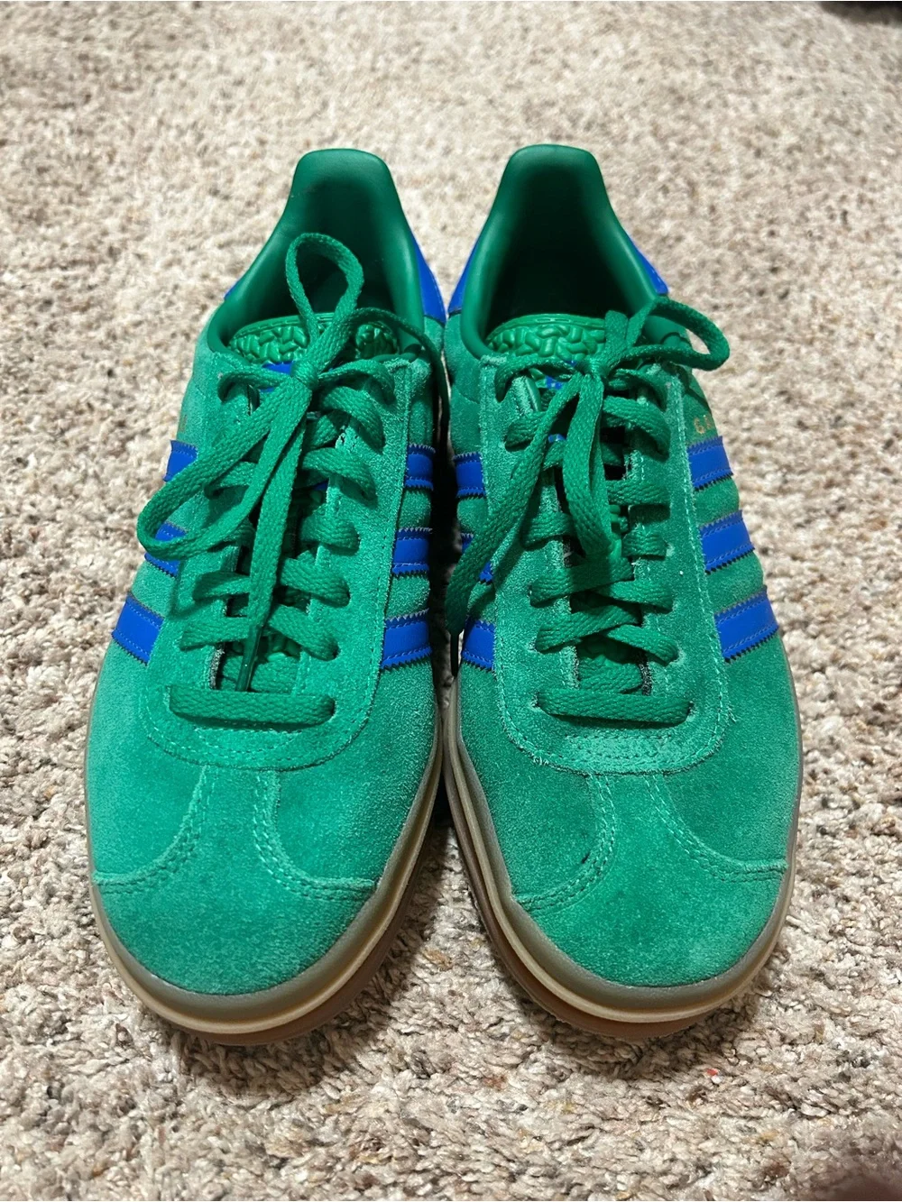 adidas Green Suede Sneakers with Blue Stripes and Gum Platform